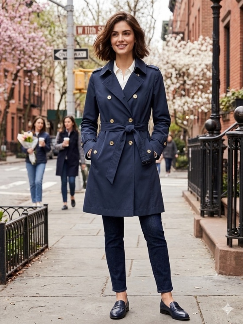 Nautica Navy Double-Breasted Trench Coat with Gold Buttons